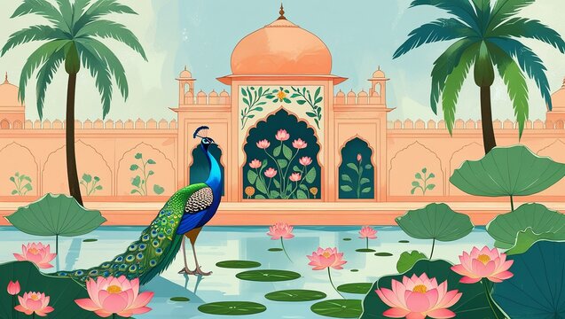 Stylized Mughal Dargah Art Featuring a Colorful Peacock
