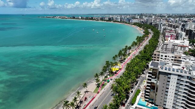 Ponta Verde Beach In Maceio Alagoas Brazil. Turquoise Ocean Waves Gently Crashing On Tropical Beach. Shore Clouds Sky Beach Sea. Shore Seaside Tropical Environment. Maceio Alagoas.