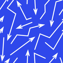 Seamless pattern of white straight hand drawn arrows on a blue background