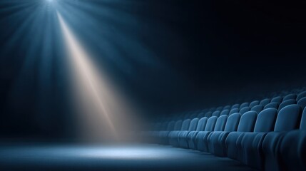 Empty dark theater with a single spotlight on stage, rows of deep blue seats disappearing into the shadows, cinematic mood, dramatic contrast 