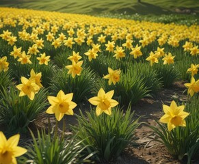 Fototapeta premium Sunlit daffodil field, vibrant yellow blooms, lush green grass, picture, field
