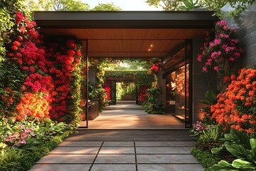 Fototapeta premium Flower covered pathway with tropical plants high resolution picture