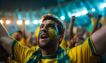 Obraz premium Male football fan in yellow and green shirt celebrating in stadium stands at night showing passion and energy.