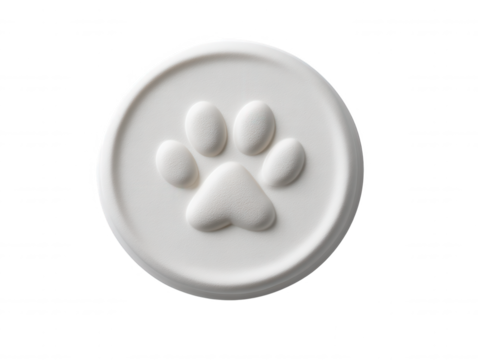 A pristine white circular button displays an embossed paw print symbol, evoking themes of pets, animals, veterinary care, and simplistic design aesthetics nicely.