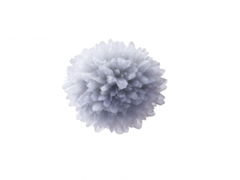 An ethereal, globular crystal formation with delicate, fractal-like structures radiates a cool, silvery luminescence against a stark white backdrop, compelling intrigue.