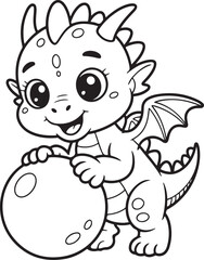 Cute Baby Dragon Rolling Ball Coloring Page with Simple Lines

