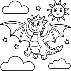 Flying Cartoon Dragon Coloring Page with Clouds and Smiling Sun

