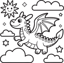 Flying Cartoon Dragon Coloring Page with Clouds and Smiling Sun

