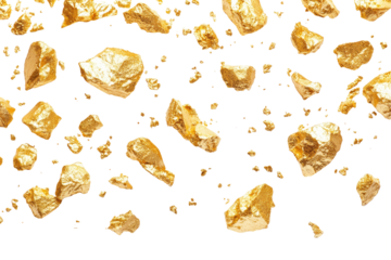 A scattering of irregular gold nuggets and dust on a black background, varying in size and shape, creating a textured and luxurious effect