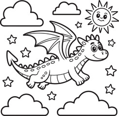 Flying Cartoon Dragon Coloring Page with Clouds and Smiling Sun

