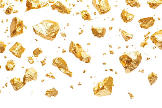 A scattering of irregular gold nuggets and dust on a black background, varying in size and shape, creating a textured and luxurious effect