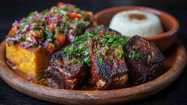 Kenyan Nyama Choma served with ugali and salsa.
