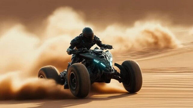 A man in a black suite riding a advanced quad bike on the desert