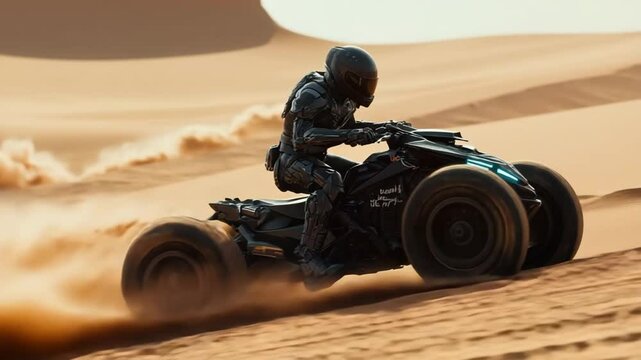 A man in a black suite riding a advanced quad bike on the desert