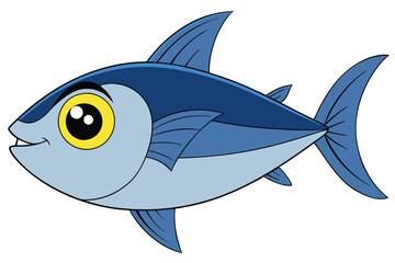 Cartoon Blue Fish Illustration Smiling Fish with Big Yellow Eye and Fins