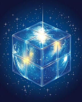 A silent, slowly rotating planet with hyper-detail, orbited by a mirrored cube structure.