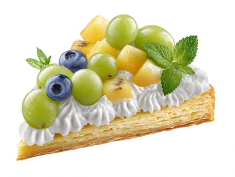 A delightful slice of fruit tart is displayed against a pristine white background, showcasing its layers of pastry, cream, and fresh blueberries and grapes.
