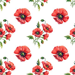 Exquisite drawing with red poppies and buds, seamless pattern on white background.