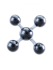 A glossy black molecular model with four atoms arranged tetrahedrally against a bright white background showcases scientific structure representation precisely.