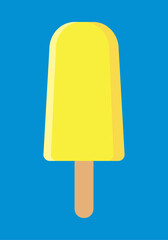 Yellow popsicle on blue background, flat style. Yummy ice cream fruit popsicle, summer time concept. Lemon Ice cream icon, frozen dessert refreshing at hot days. Vector illustration EPS 10 