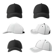 Six views of two baseball caps, one black and one white, showcasing front, back, and side angles; illustrating design and potential customization