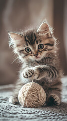 Cute kitten plays with yarn in cozy indoor setting during daylight Generative AI