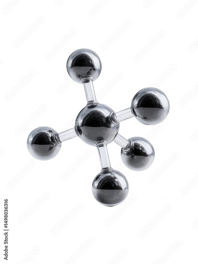 Poster a shiny chrome molecular model with five arms extending from a central sphere, casting subtle reflec