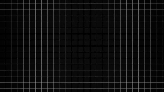Moving Grid with monochrome film grain effects, retro skip frame style square line pattern with subtle tv noise background, simple vintage black & white tone table panel dolly motion, blueprint board