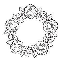 Flower wreath, outline drawing, coloring page, line art, rose wreath, peony wreath, vector, logo. Graphic ornament for postcard, invitation, tattoo