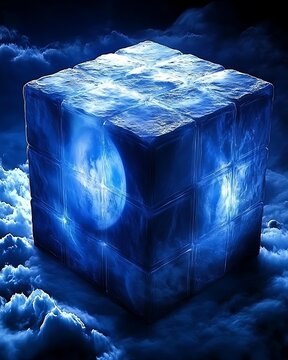 A hyper-detailed, mirrored cube structure orbiting a silent, slowly rotating planet.