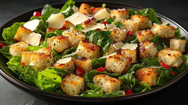 Delicious caesar salad with crunchy croutons, parmesan cheese and fresh pomegranate seeds