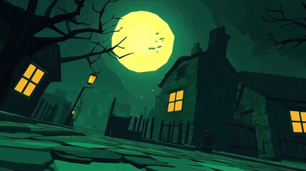 Halloween night village street scene under full moon