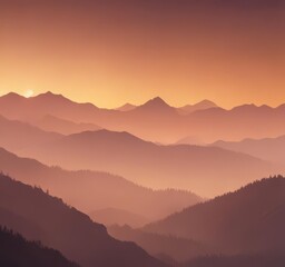 Fototapeta premium Ombre sunset casts warm hues across misty mountain range, soft gradient sky, serene, dawn, purple
