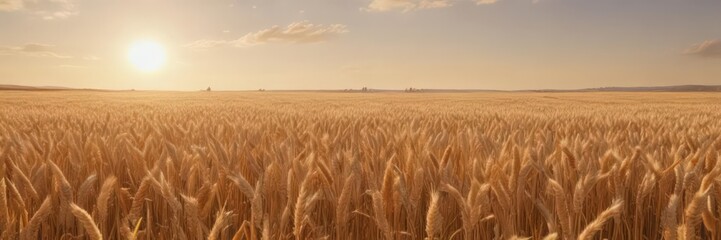 Vast expanse of ripe wheat bathed in warm sunlight, idyllic summer scene ,  nature,  outdoors,  clouds