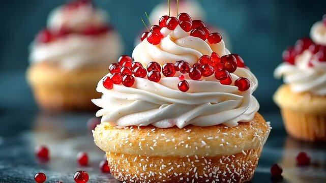 Delicious cupcakes with pomegranate seeds, close-up studio shot for food photography