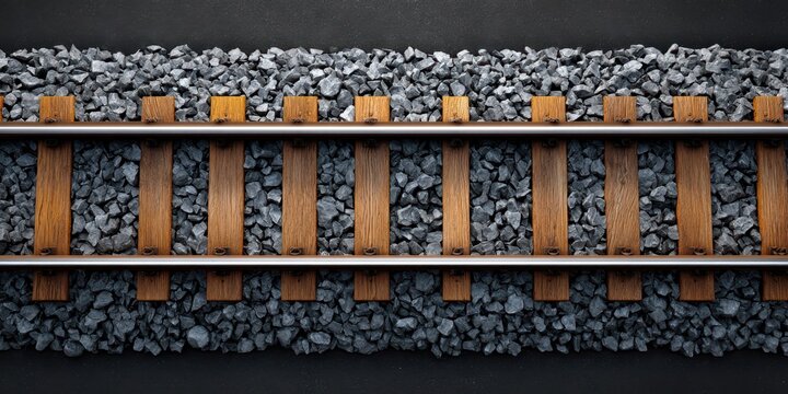 Close up shot of railroad tracks with wooden ties and gravel ballast in a dark setting