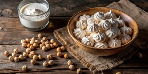 Fototapeta premium A wooden bowl filled with delicate meringue cookies, set against a rustic wooden background, accompanied by a glass of cream and scattered nuts.