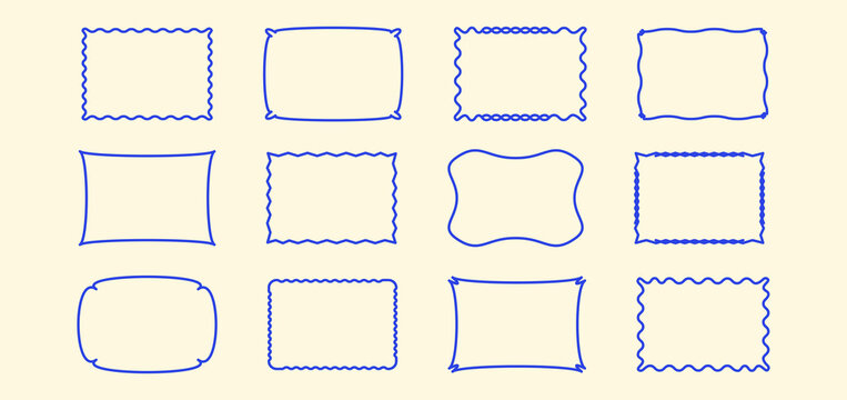 Wavy frame, scallop rectangle, squiggle edge shape box line icon, curve simple form editable stroke. Wiggle retro banner, postal stamp outline design, blue italian amalfi collage. Vector illustration