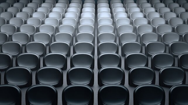 Minimalist auditorium with grey acoustic panels and neat rows of black seats, top-down view, soft cool lighting, modern conference style