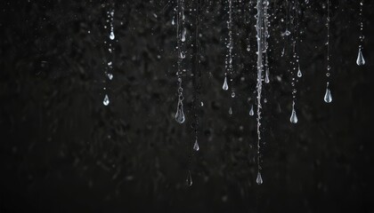 Crisp water droplets falling, creating blurred streaks of motion; intense black background ,  liquid,  droplet,  splash
