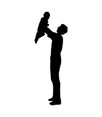 Dad with his baby boy on a walk shadow shape silhouette isolated on white background.