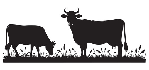 Silhouette of Cows Grazing in a Field Vector Illustration