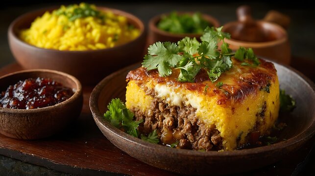 South African bobotie with yellow rice on a table