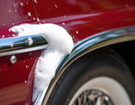Close-up of soapy foam on a classic red car during a wash - Powered by Adobe