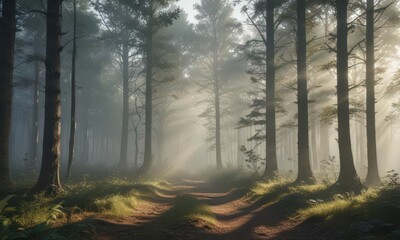Obraz premium Sunbeams pierce misty forest, creating a magical, bright panorama , outdoor, morning, environment