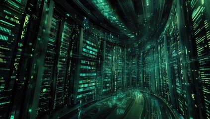 Futuristic server tunnel with glowing emerald components