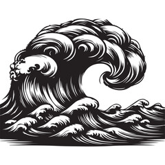 Powerful Ocean Wave Illustration Dramatic Seascape in Black and White