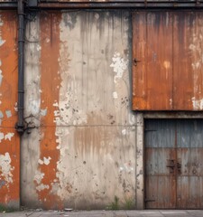 Weathered industrial facade, peeling paint, rusted metal details , aged, texture, concrete