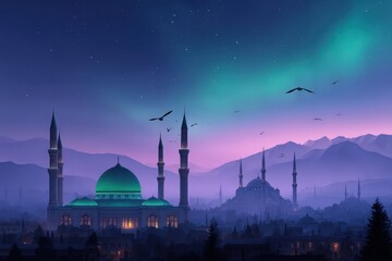 Fototapeta premium Illustration of a mosque with green dome and minarets under a starry night sky