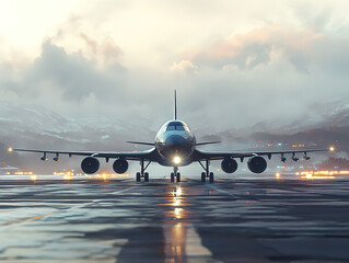 Airplane on Runway at Dusk